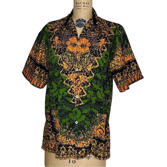 Vintage 70s Thai Batik Green and Gold Short sleeve shirt - Picture 1 of 8